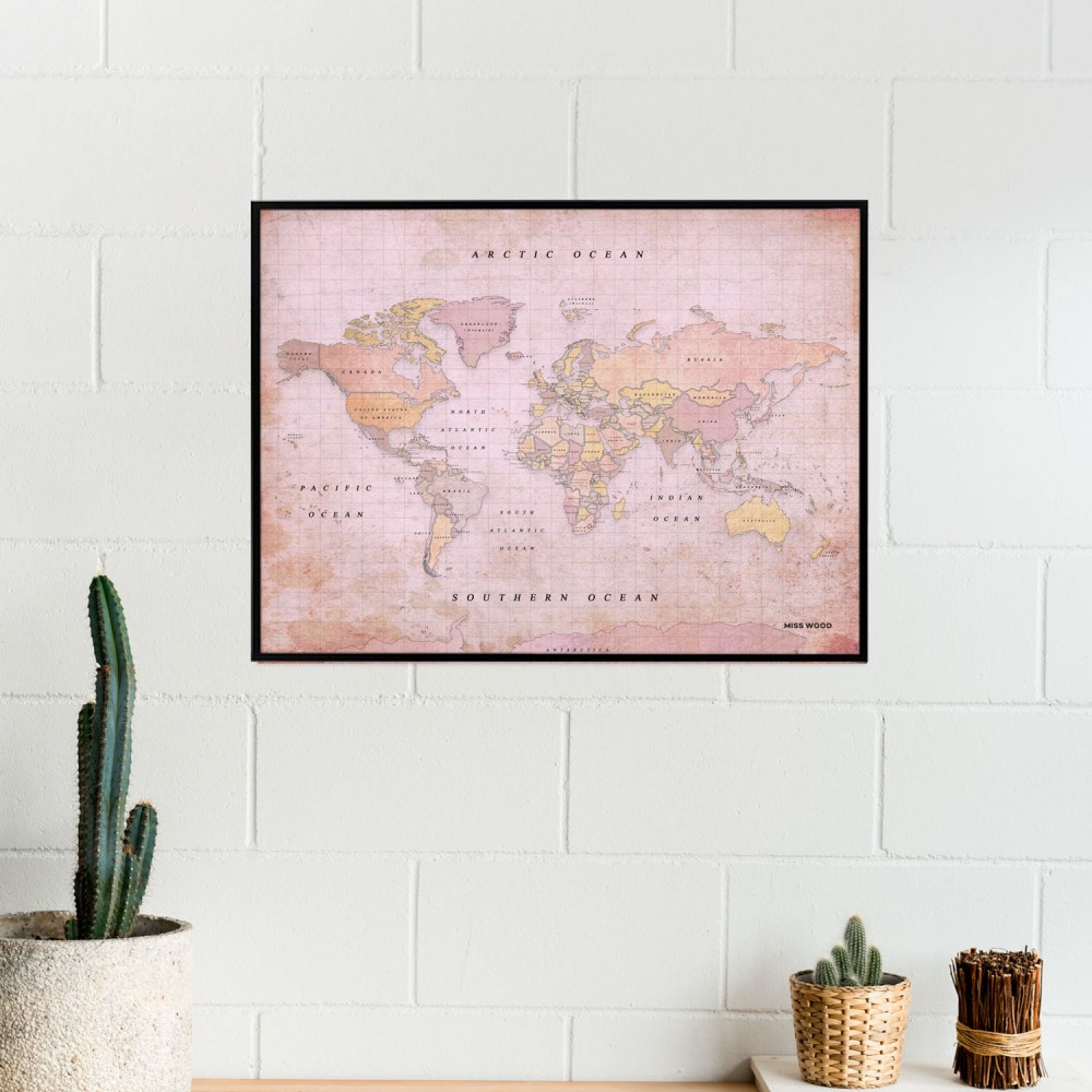 Woody Παγκόσμιος Χάρτης Φελλού με στυλ νερομπογιάς - Dusty Rose - L - Μαύρο Κάδρο