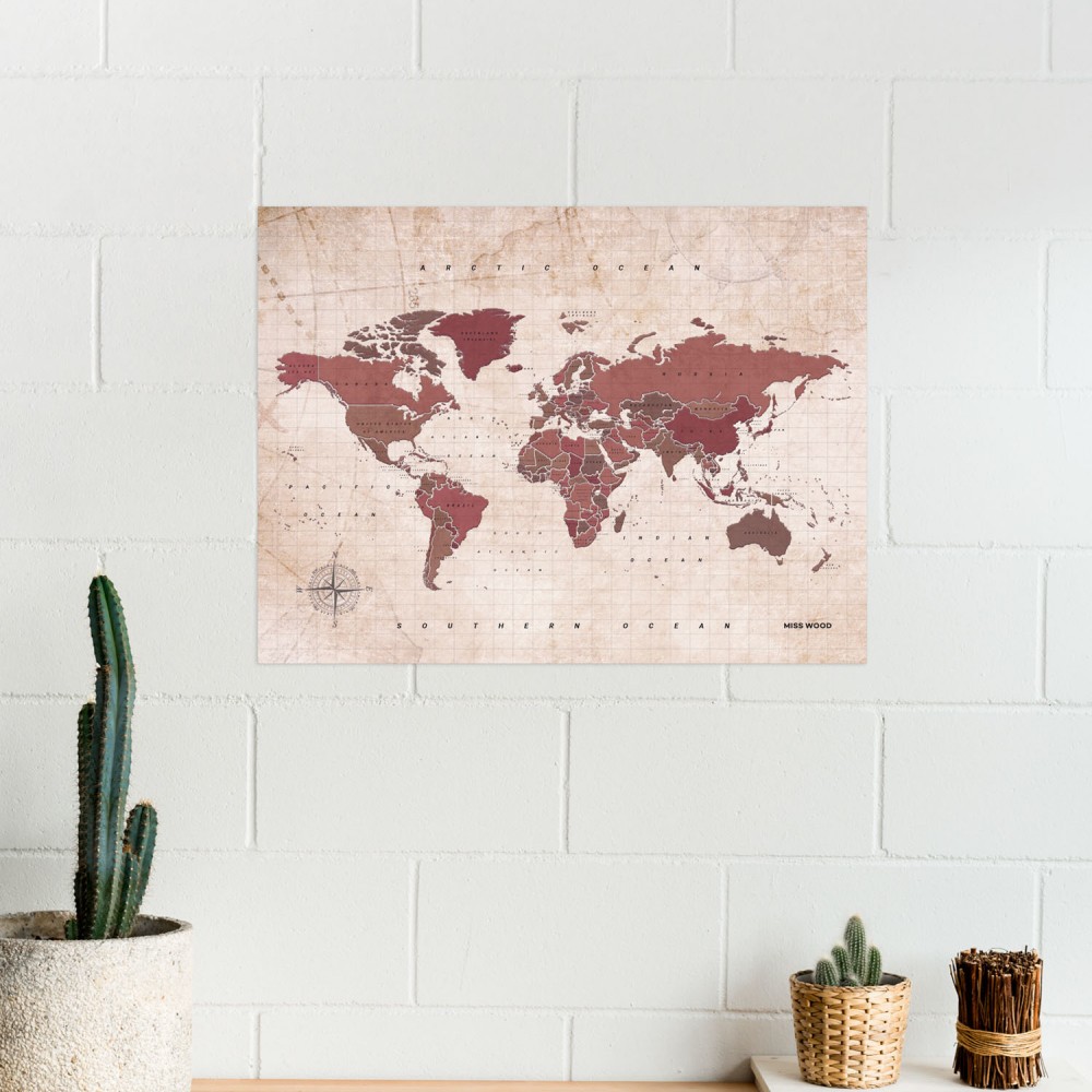Woody Παγκόσμιος Χάρτης Φελλού με στυλ νερομπογιάς - Antique - L